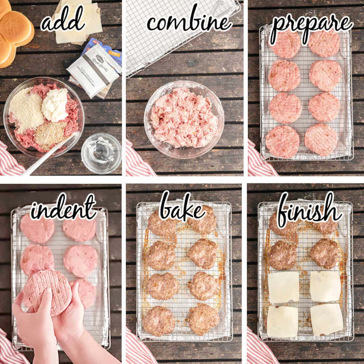 Instructions to make Baked Hamburger Patties recipe, with print overlay. 