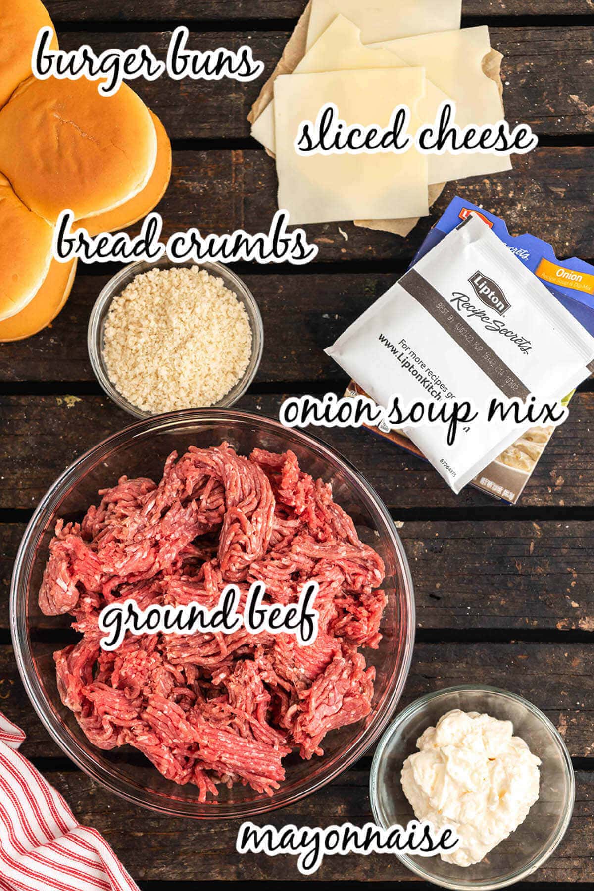 Ingredients for baked hamburger patties recipe, with print overlay. 