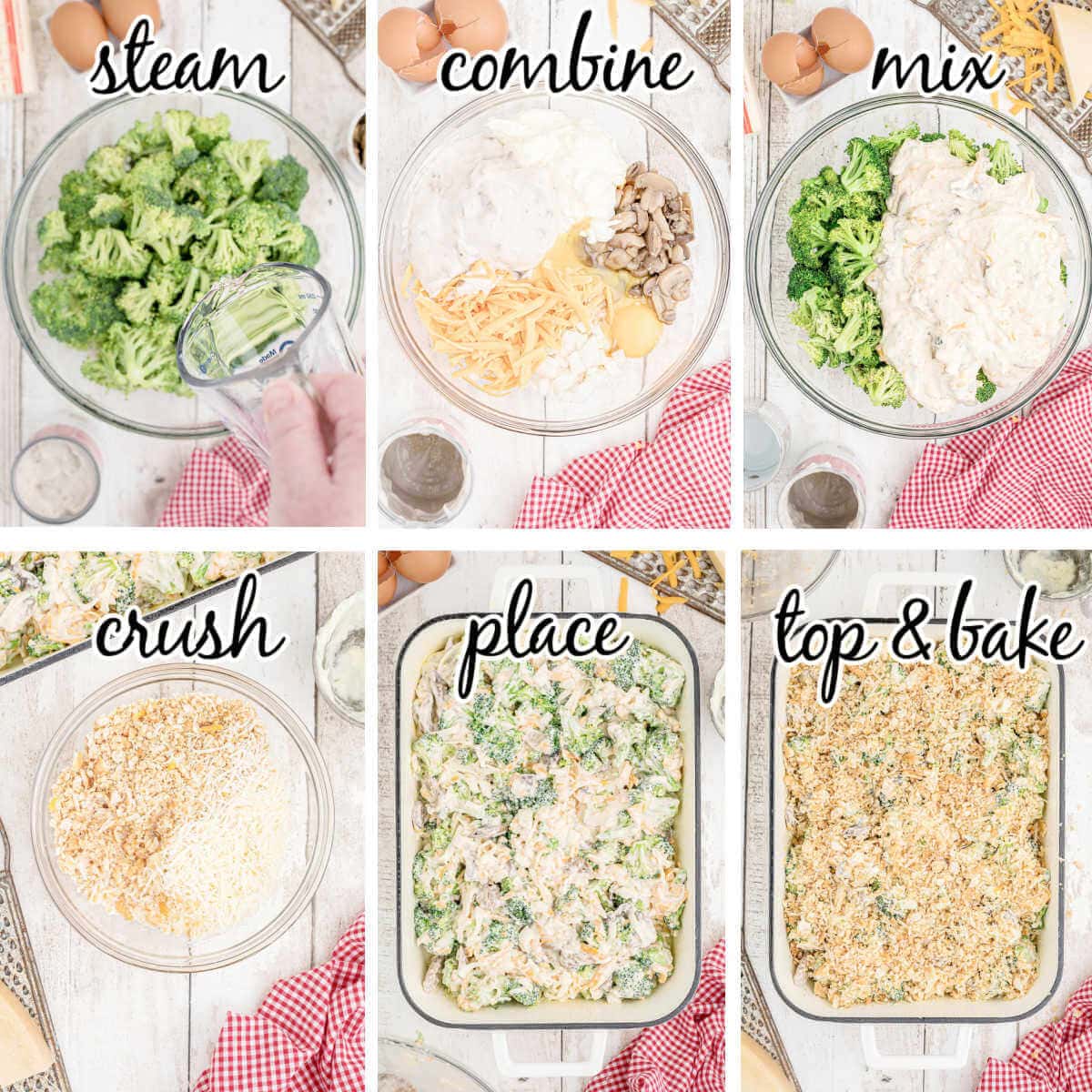 Photos with step by step instruction to make vegetable casserole dish, with print overlay.