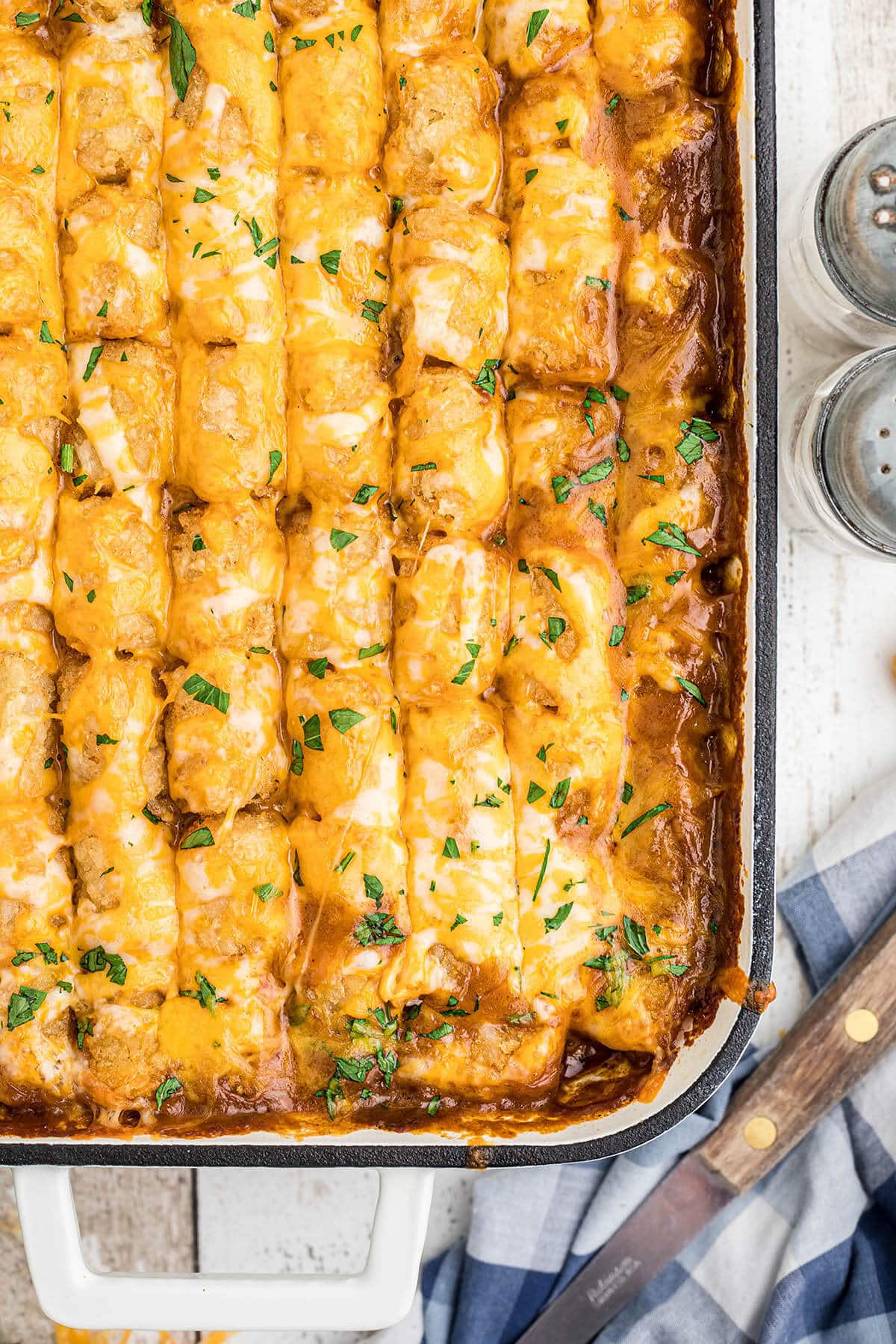 Cheesy Mexican Tater Tot Casserole in baking dish.
