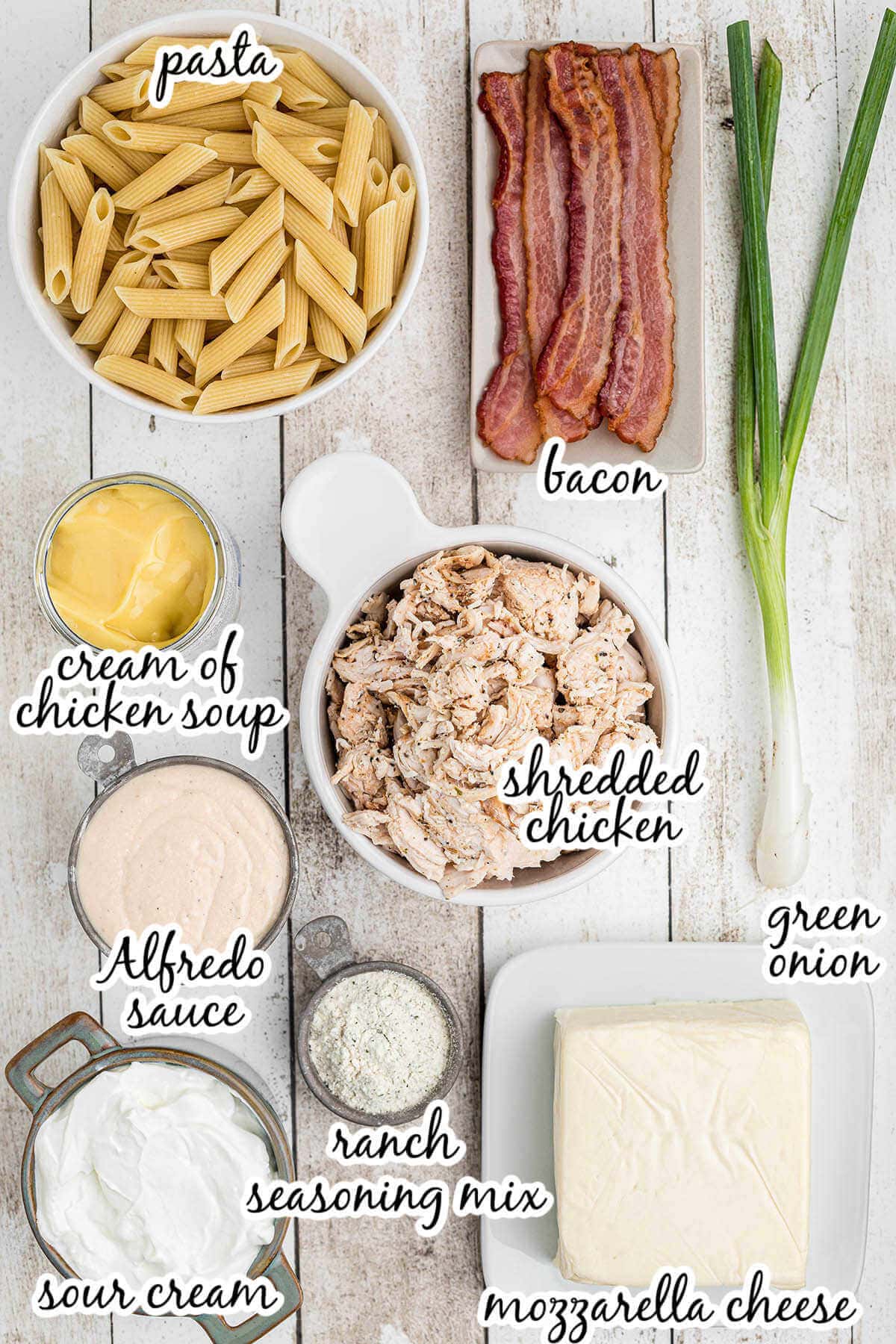 Ingredients to make casserole recipe with print overlay.