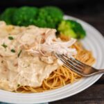 Tender shredded chicken over pasta on plate.