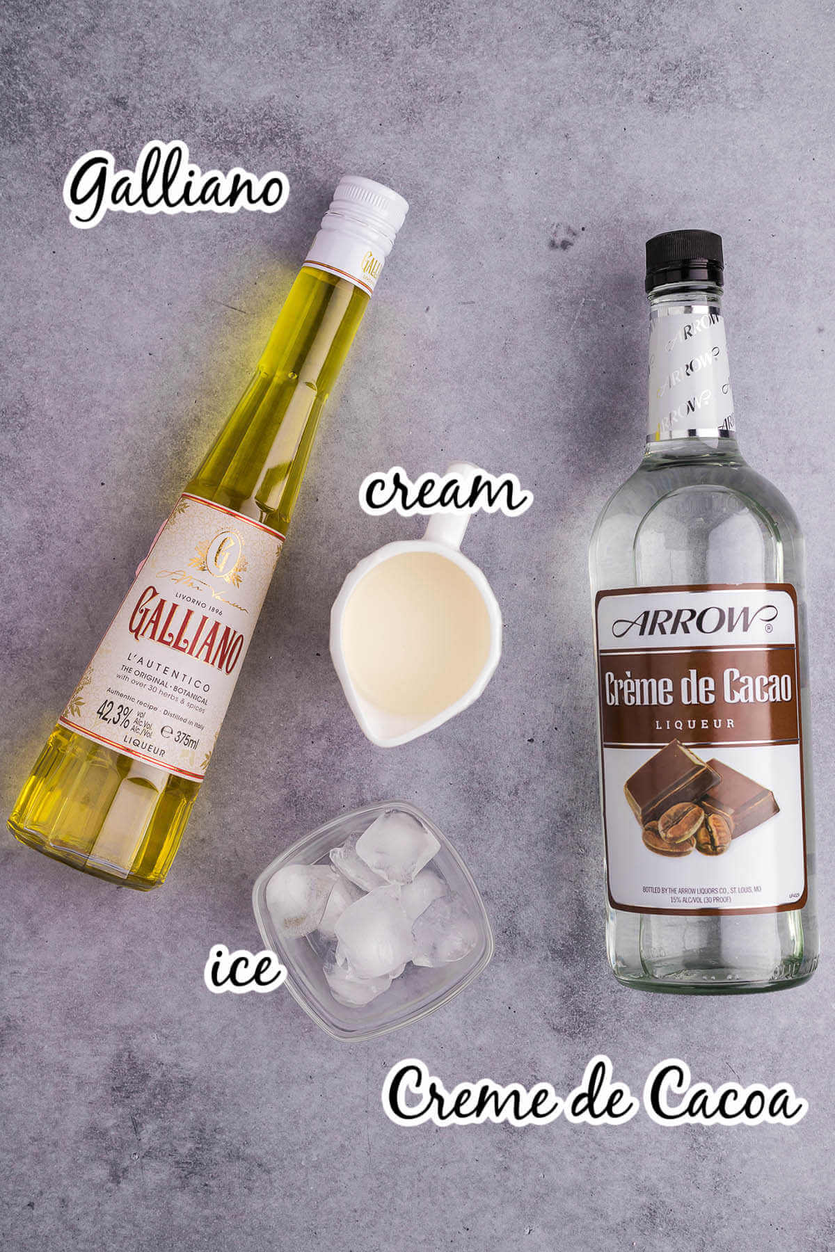 Ingredients to make cocktail, with print overlay. 