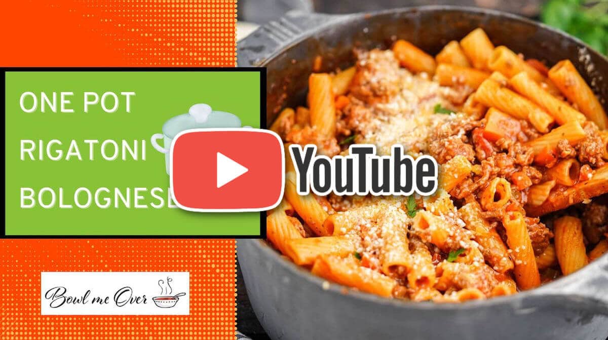 Photo of Rigatoni Bolognese, with YouTube print overlay.