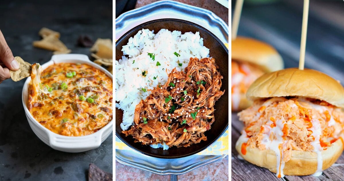 Collage of photos of shredded chicken recipes.