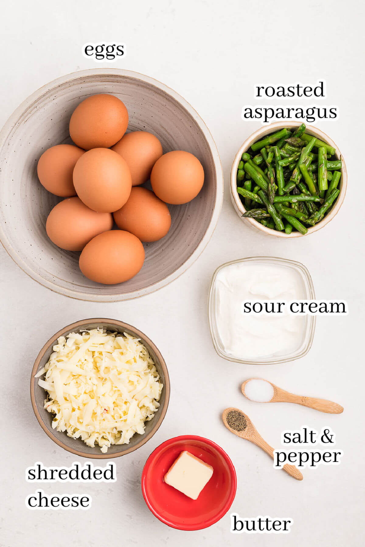 ingredients to make frittata recipe with print overlay. 