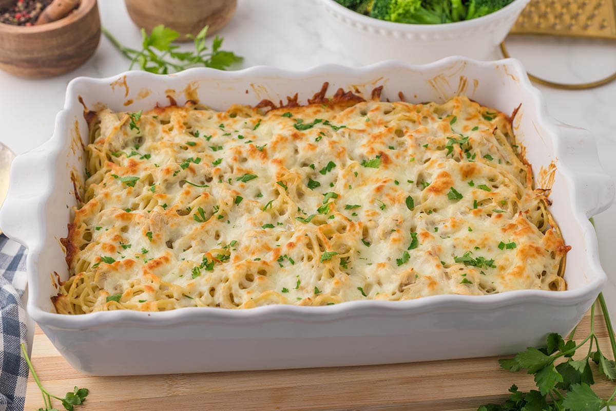 Baked Spaghetti casserole in dish.