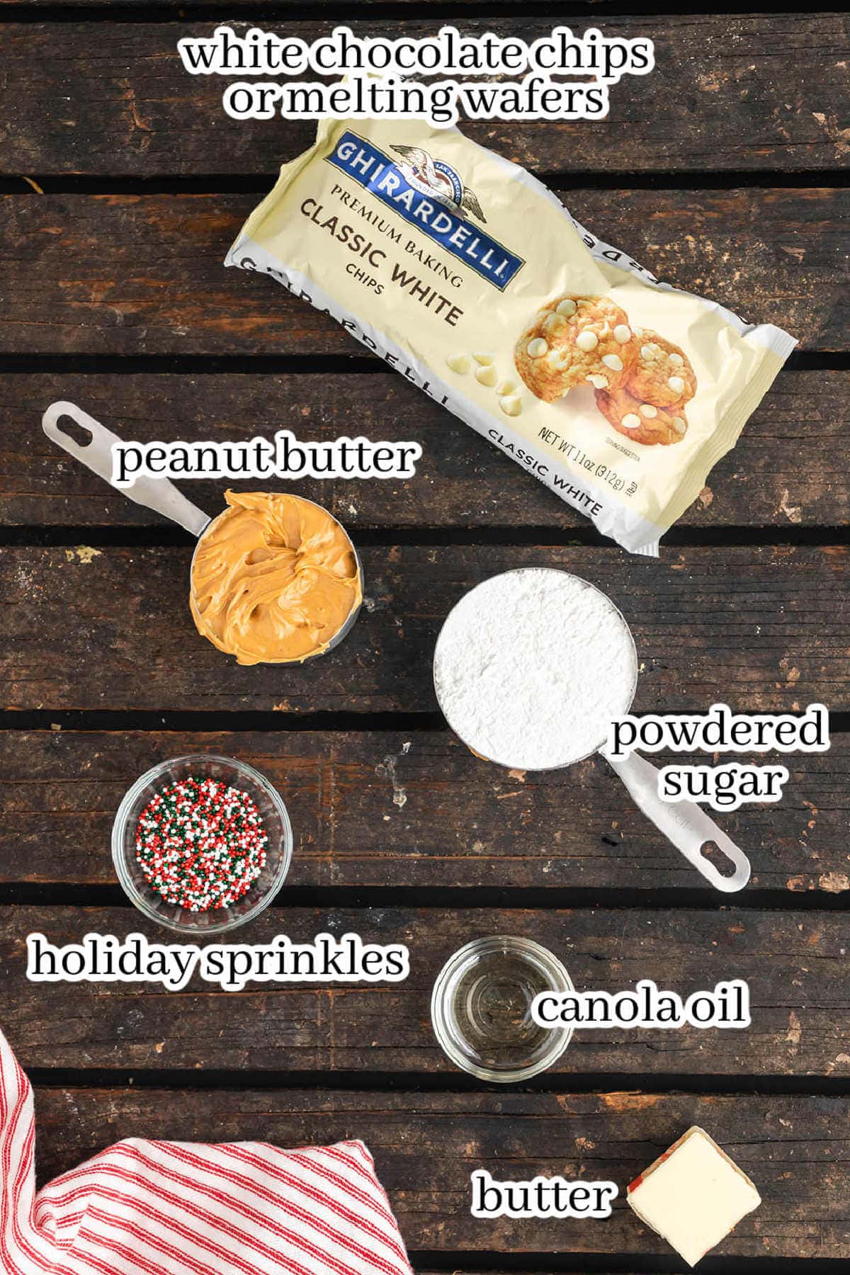 Ingredients needed to make candy recipe, with print overlay.