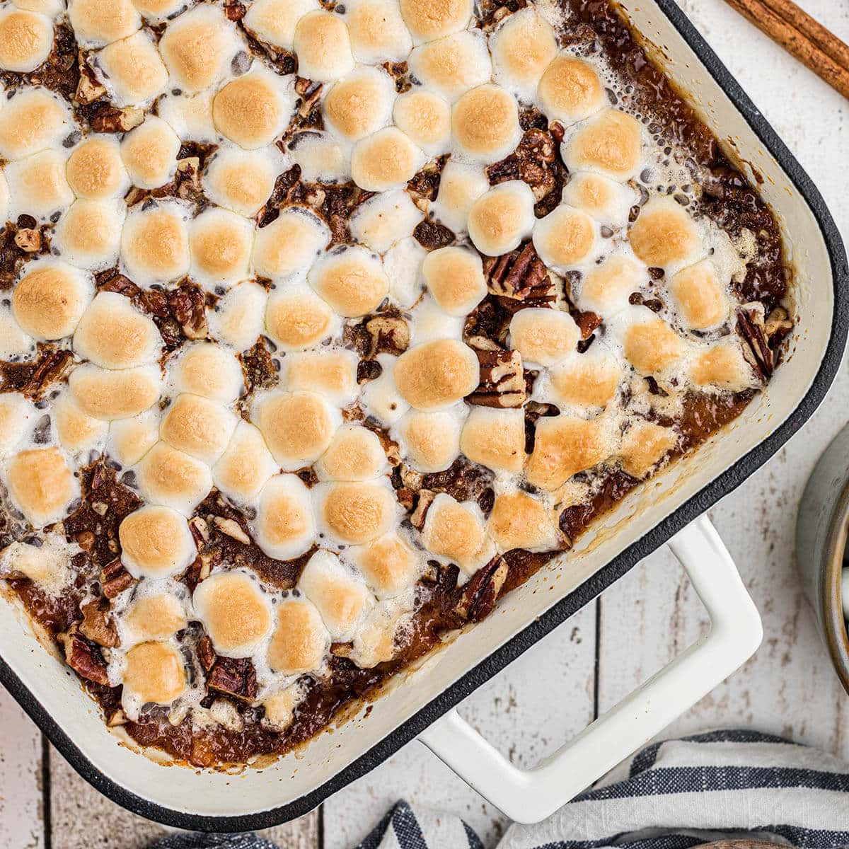 Make ahead sweet potato casserole topped with toasted marshmallows.