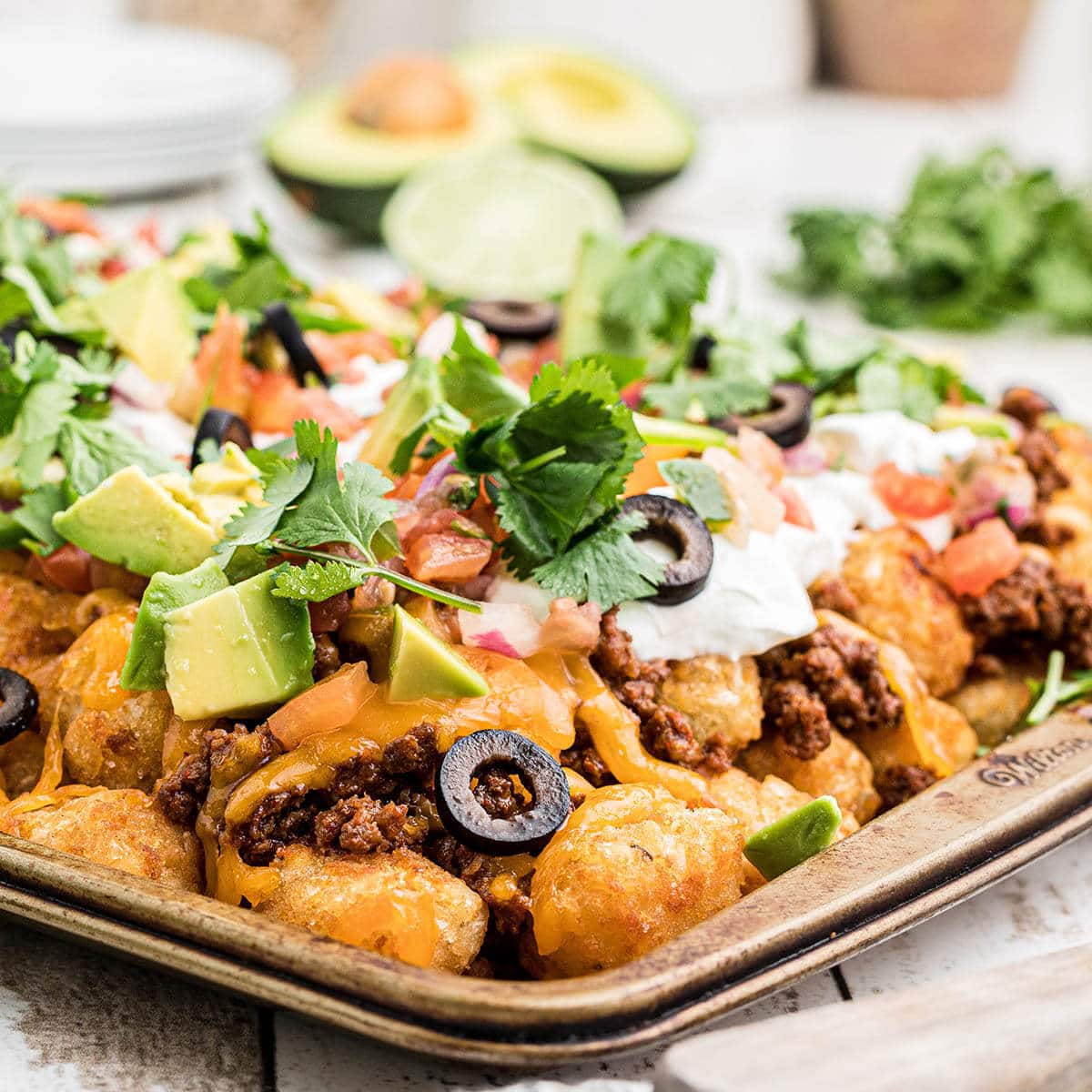 Taco Nachos on platter piled high with all the fixings.