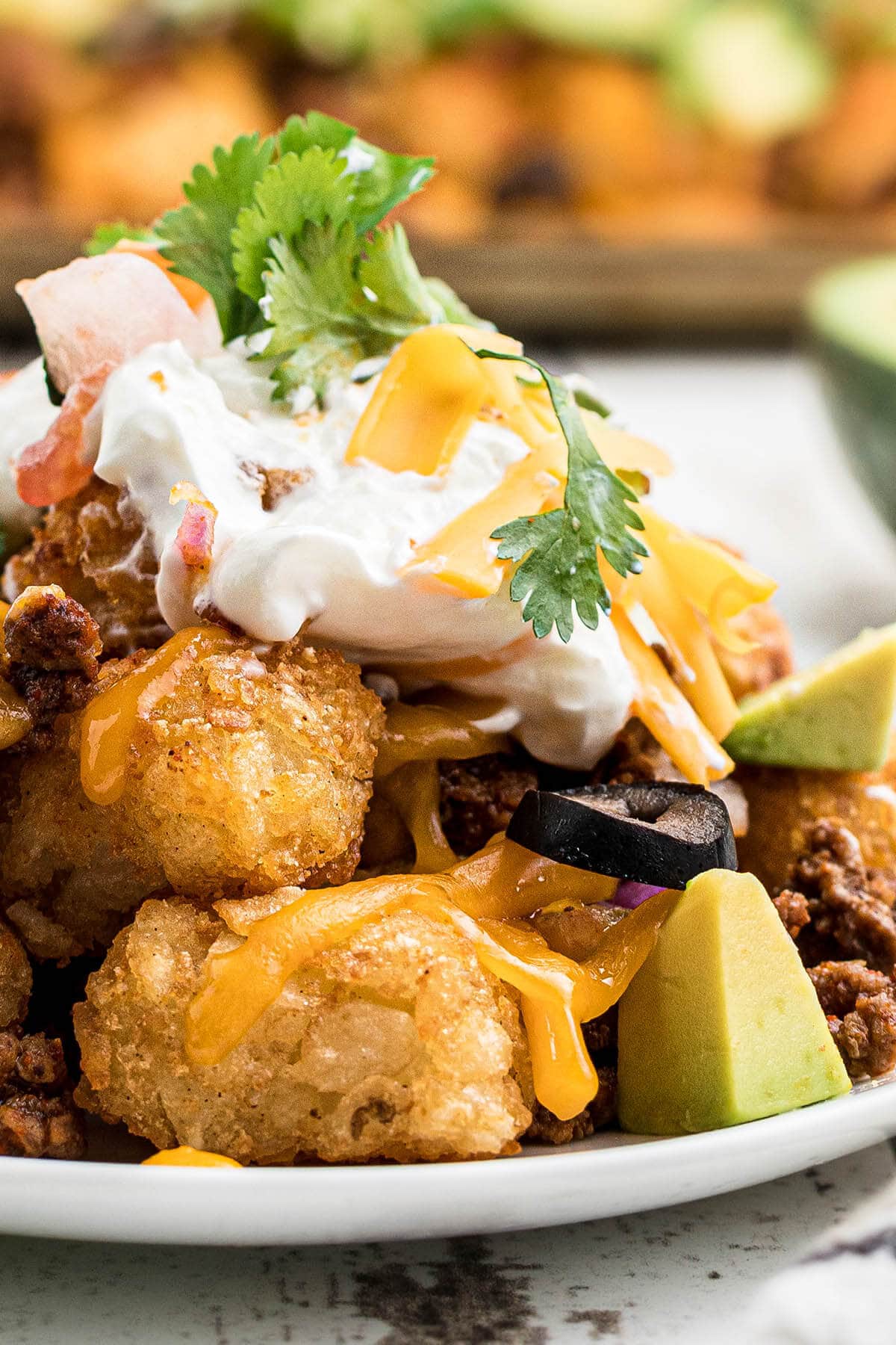 Nachos on plate, piled high with all the fixings.