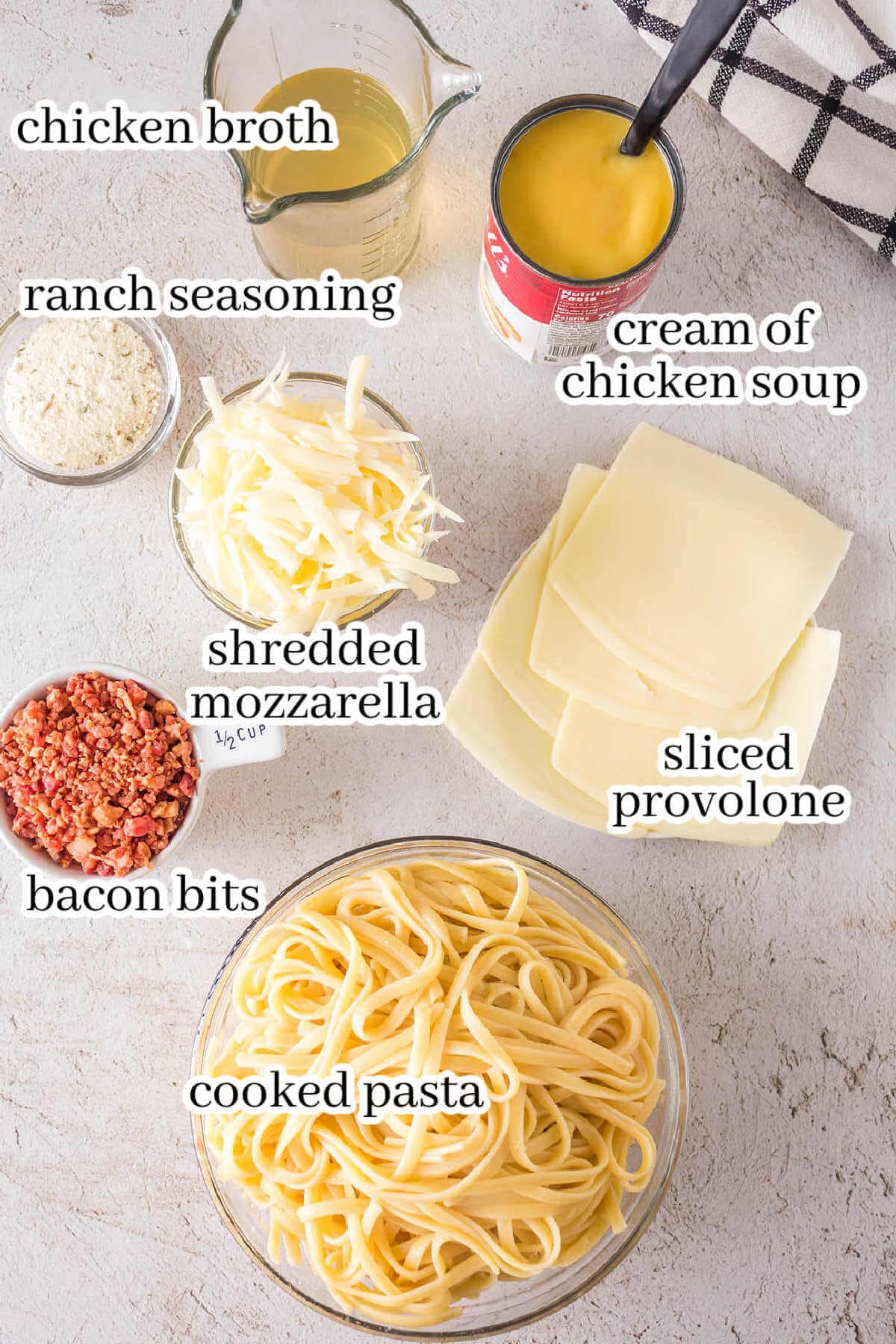 Ingredients to make pasta recipe, with print overlay.