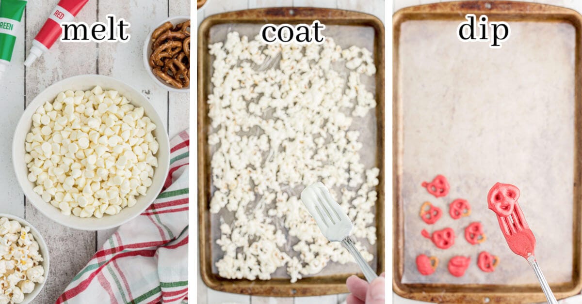 Instruction to coat popcorn and candy for recipe, with print overlay.