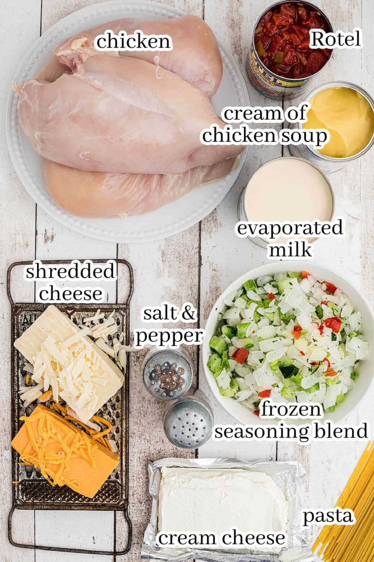 Ingredients to make slow cooker recipe, with print overlay.