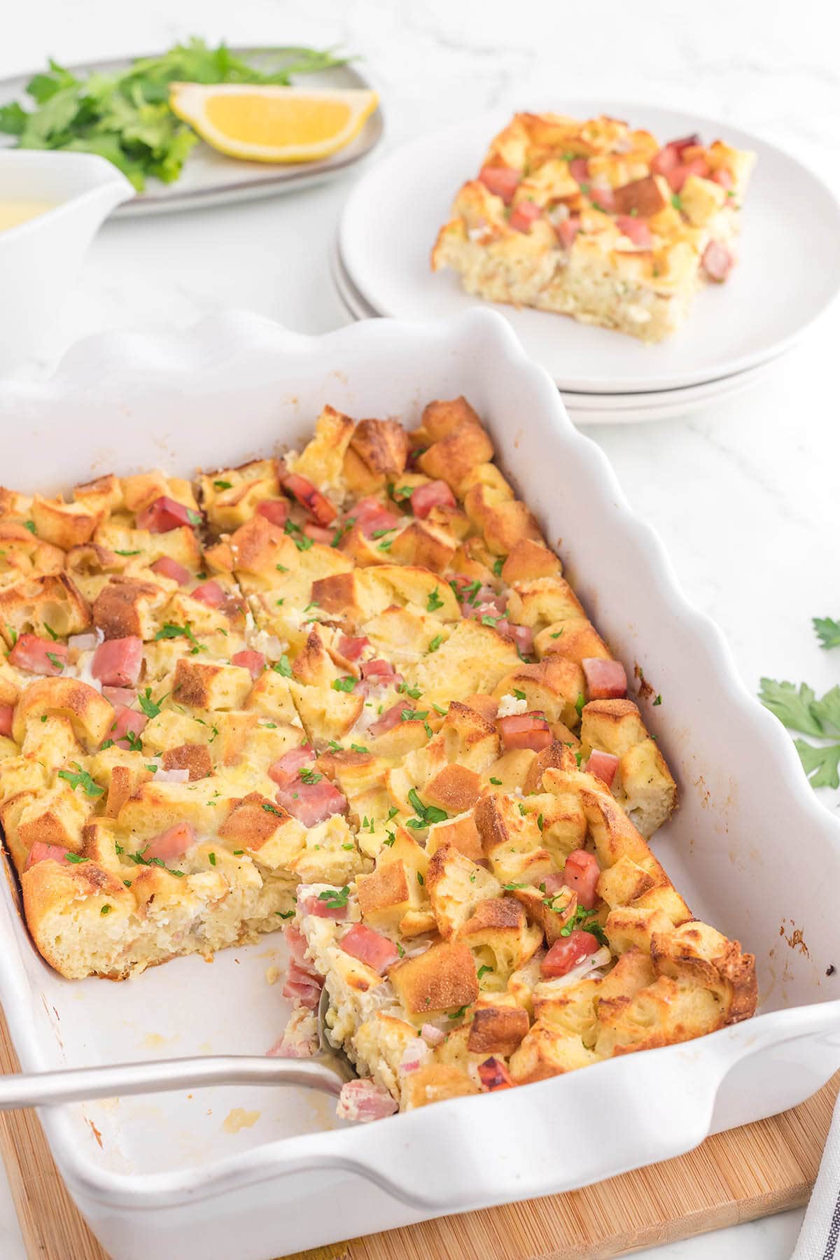 Eggs Benedict Casserole in baking dish.