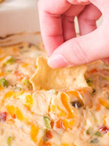 Hot Quesadilla Dip with chip for dipping.