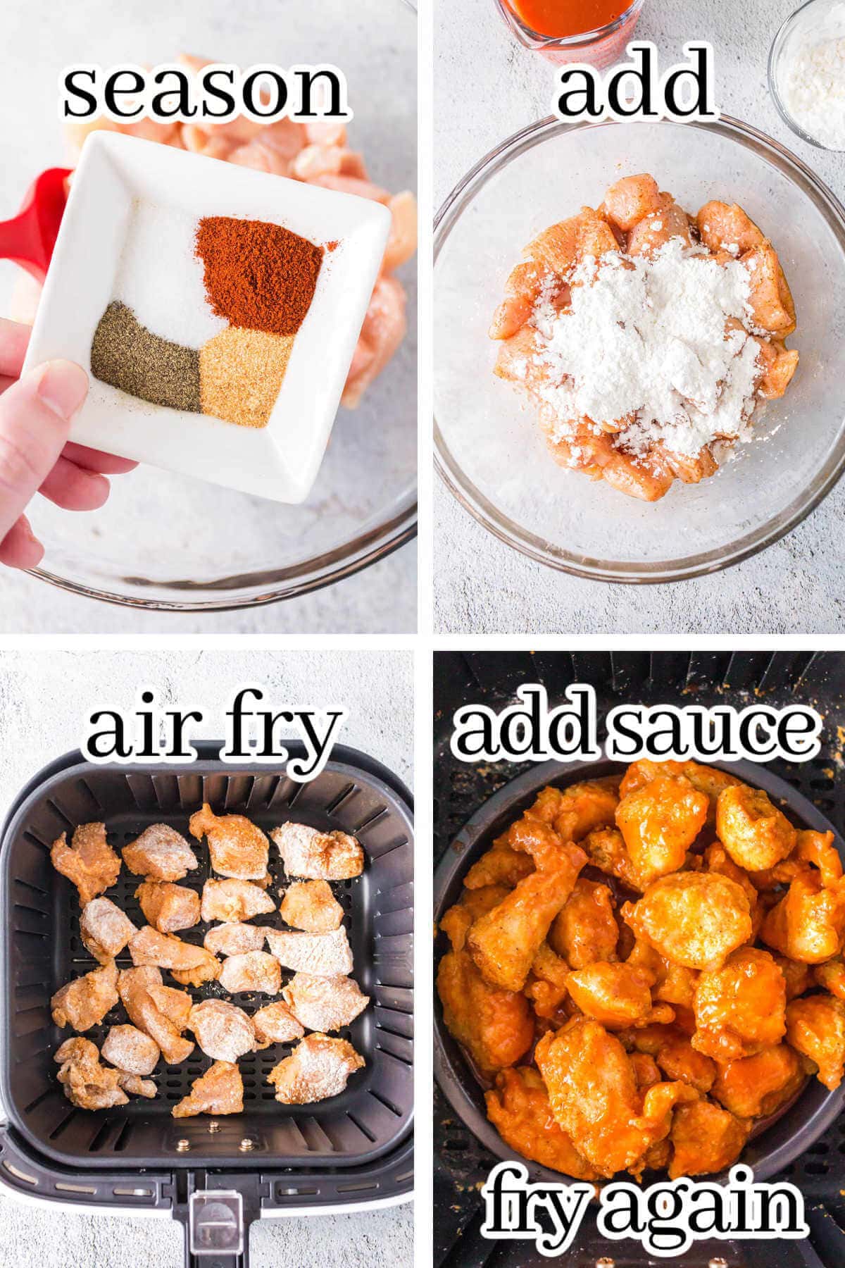 Step by step instructions to make air fryer recipe, with print overlay.