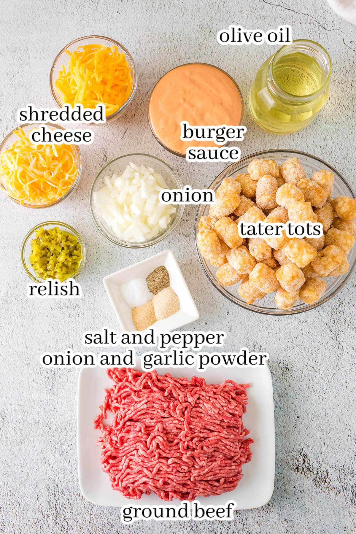 Ingredients to make casserole recipe, with print overlay.