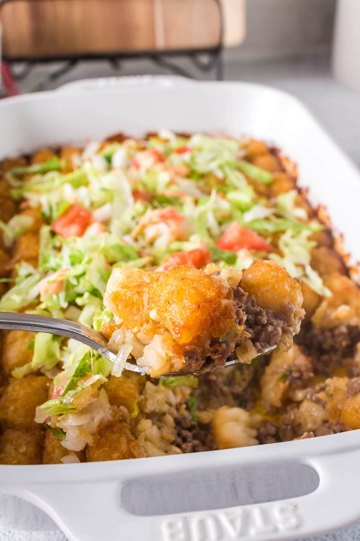 Big Mac Casserole with serving spoon.