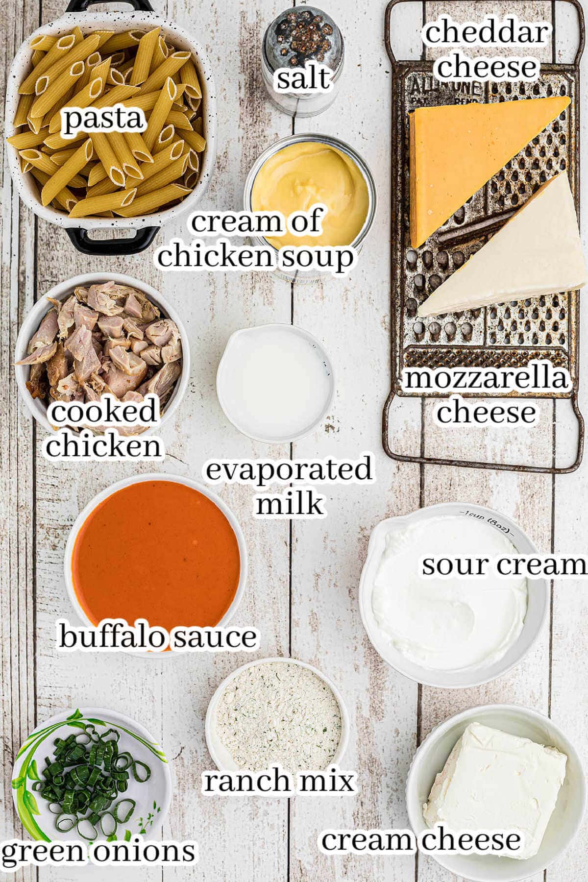 Ingredients for Buffalo Chicken Casserole Recipe, with print overlay.