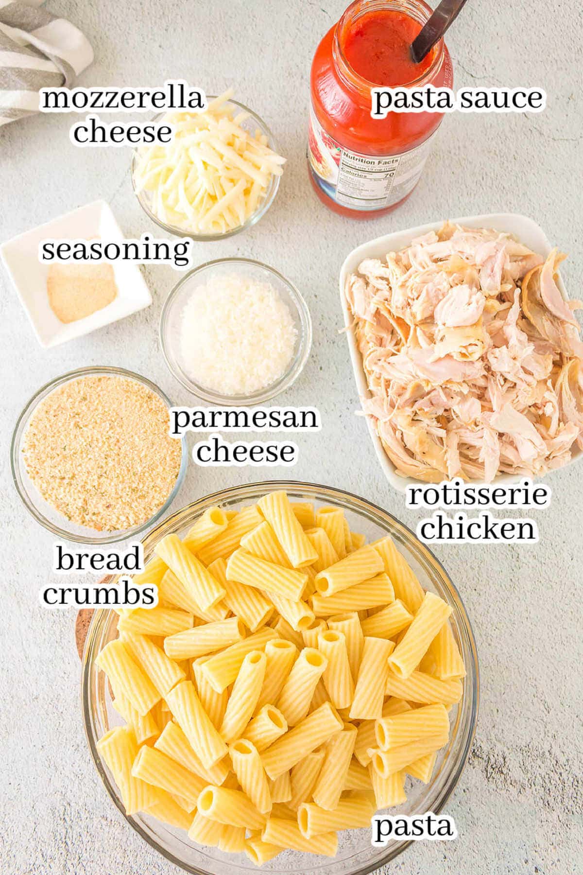 Ingredients to make pasta bake, with print overlay.