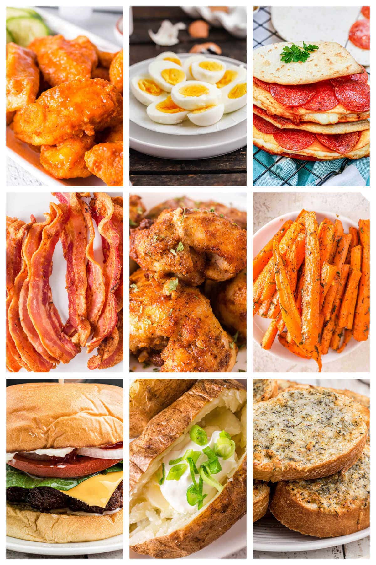 Collage of photos of easy air fryer recipes.
