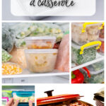 Collage of photos of how to freeze a casserole, with print overlay.