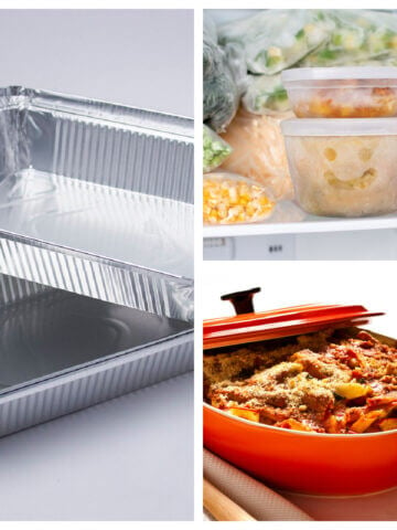 Collage of photos of how to freeze a casserole.