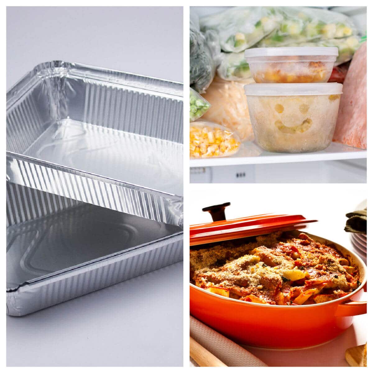 Collage of photos of how to freeze a casserole.