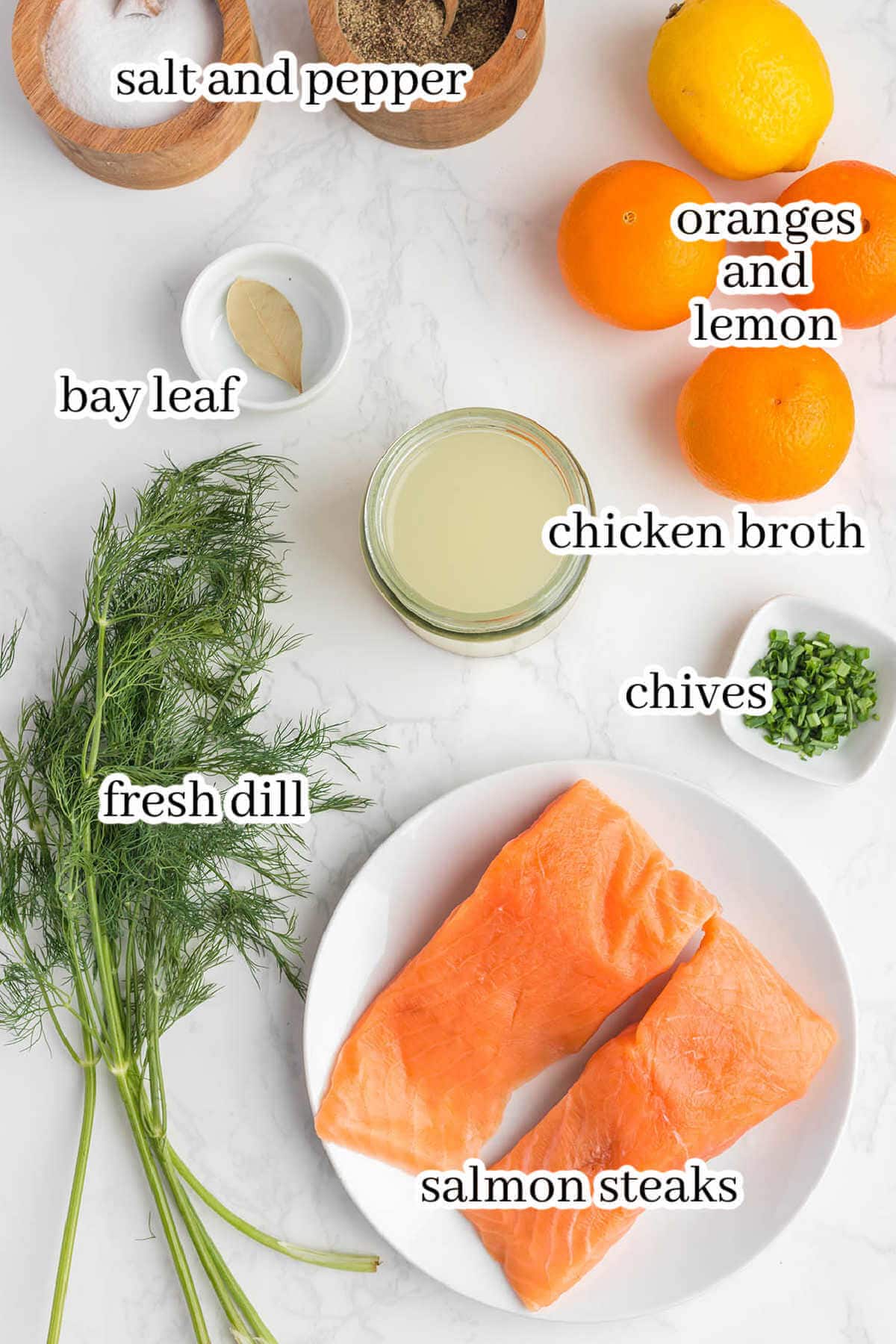 Ingredients to make fish recipe, with print overlay.