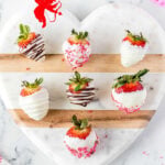 White Chocolate Covered Strawberries on platter, with overlay for Pinterest.