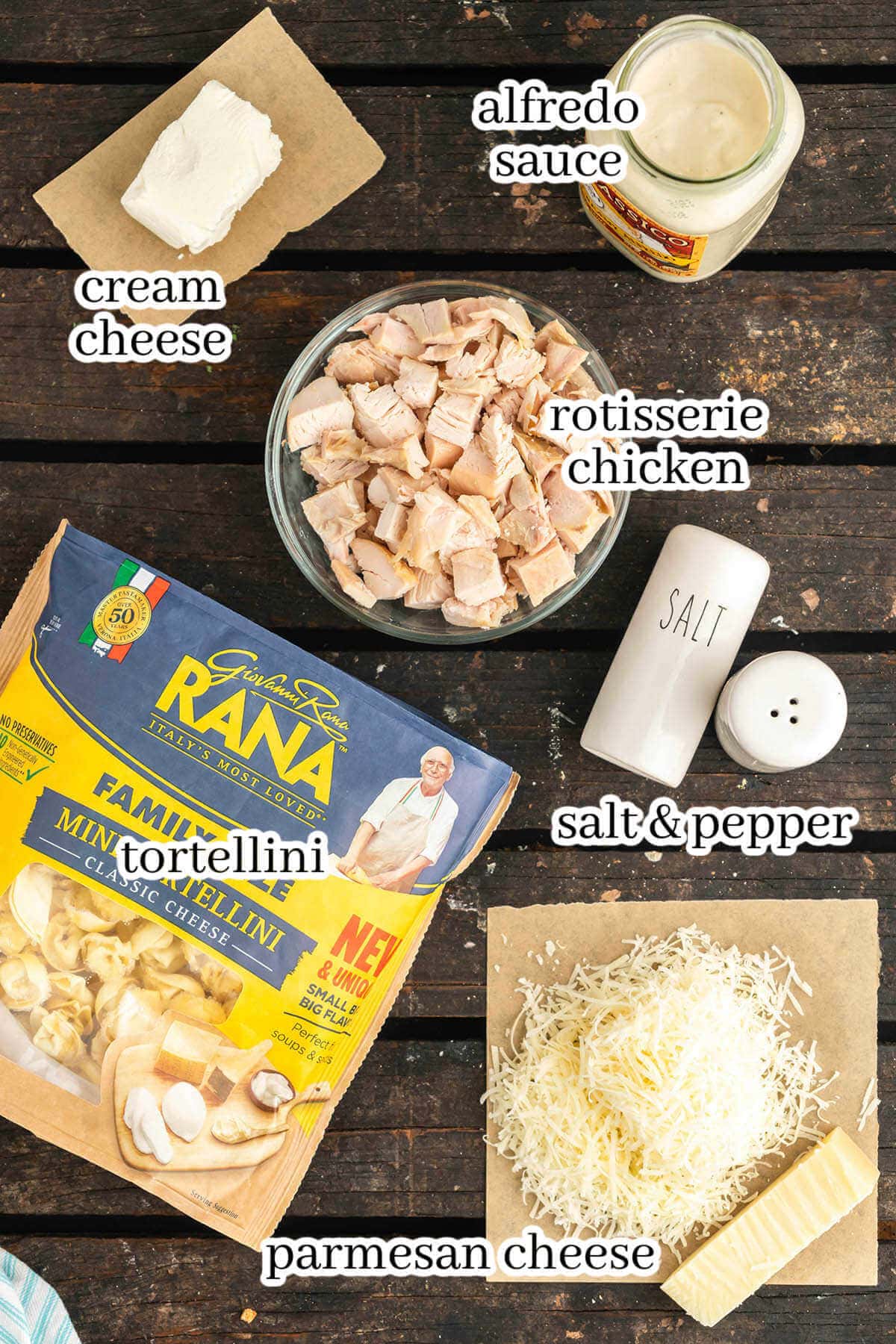 Ingredients to make pasta recipe, with print overlay.