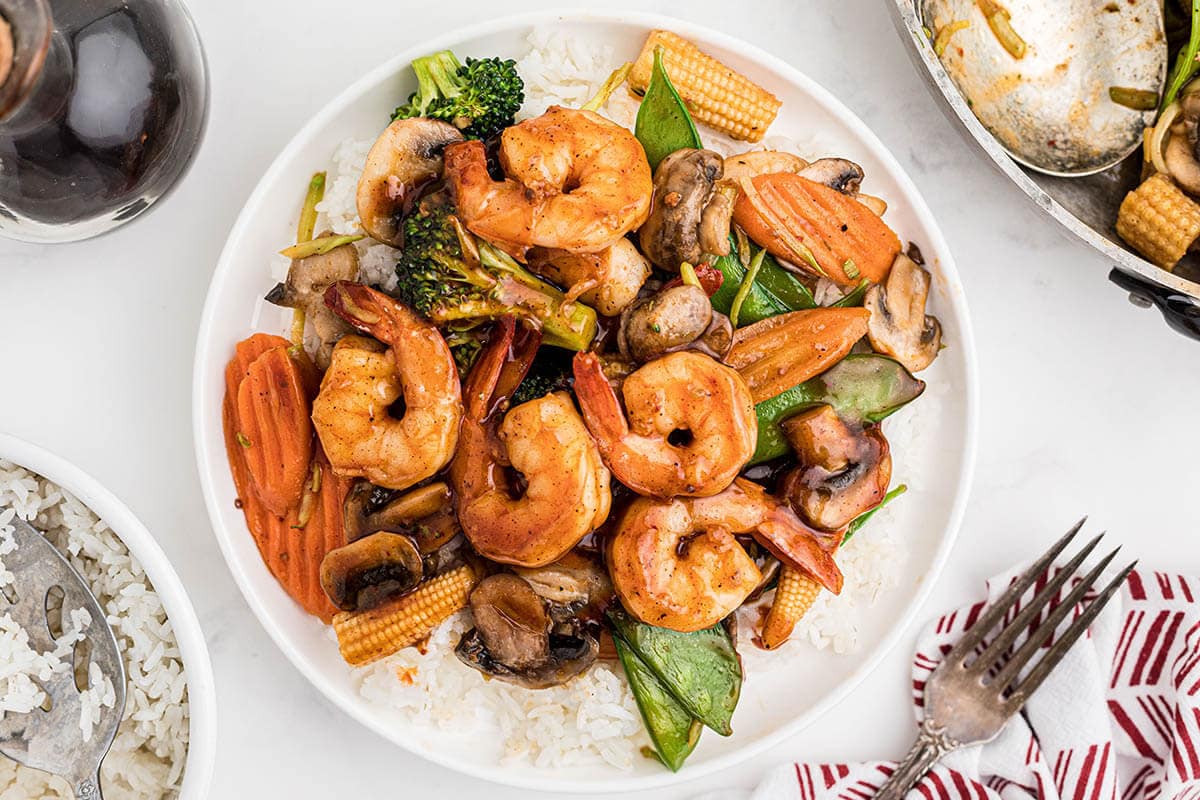 Shrimp Chop Suey on plate over rice.