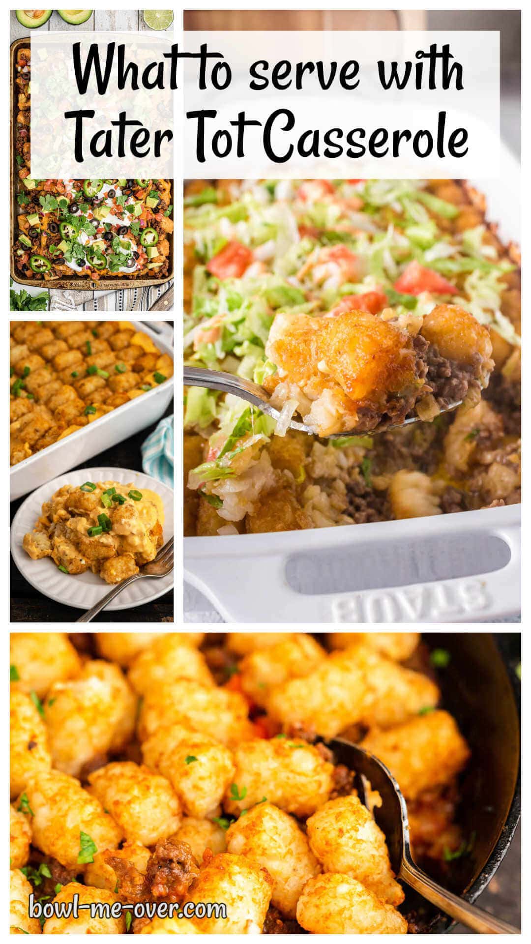 Photos of Tater Tot Casserole with print overlay for social media.