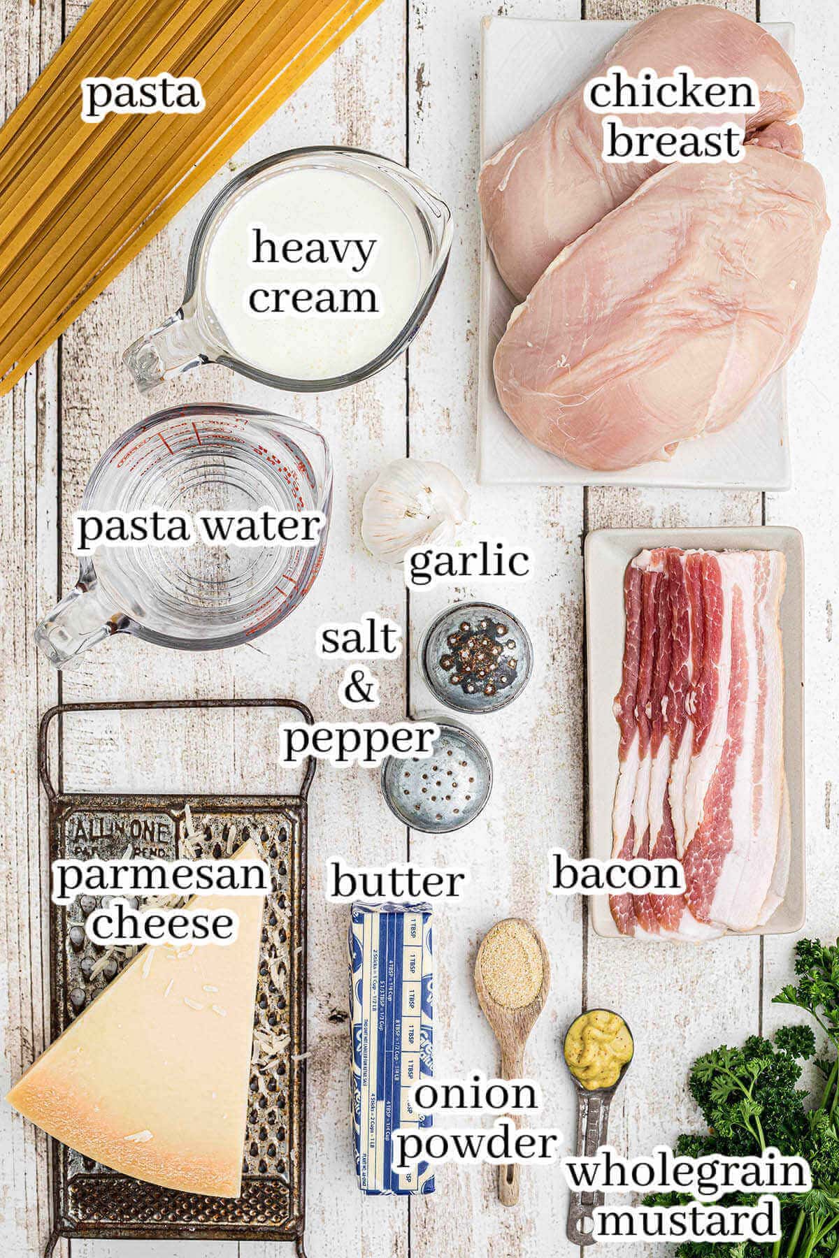 Ingredients to make pasta dinner, with print overlay.
