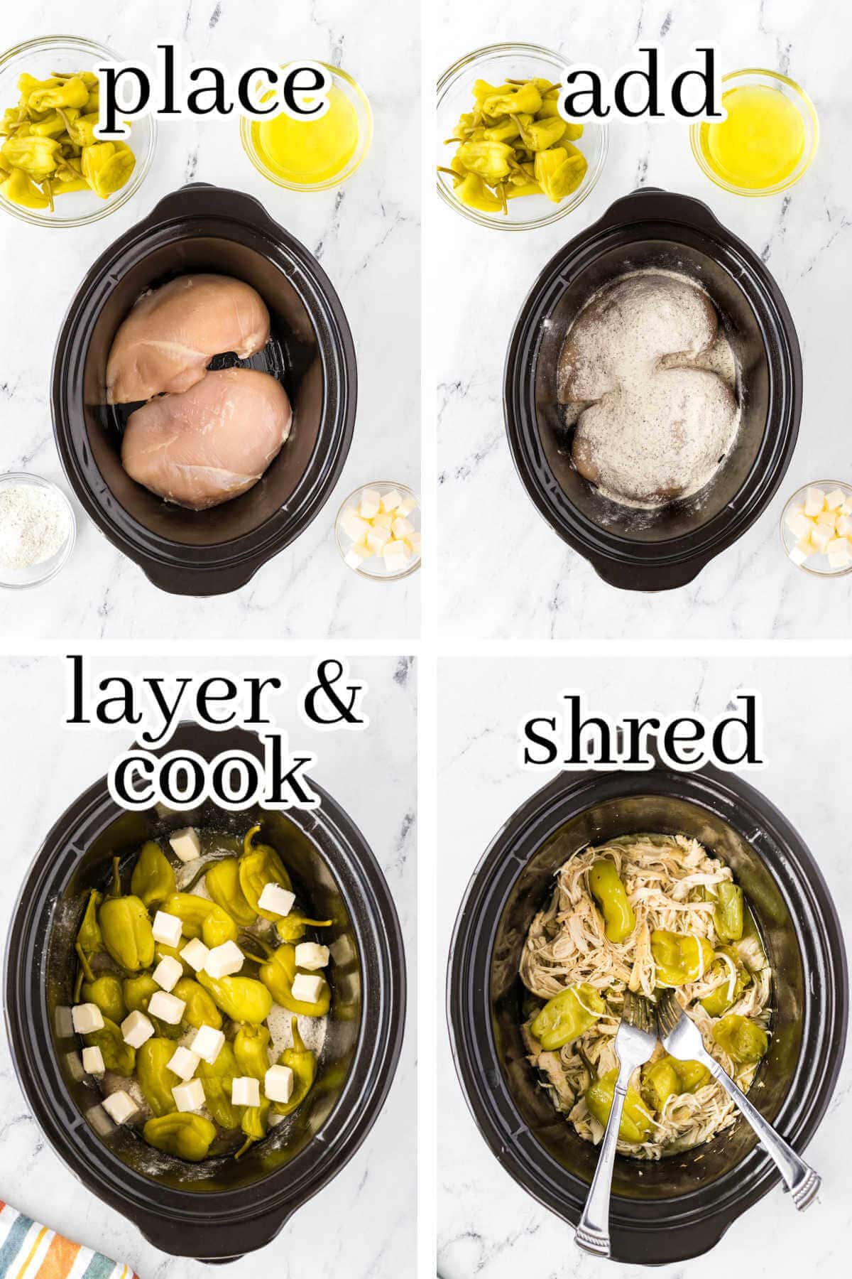 Instructions to make slow cooker recipe, with print overlay.