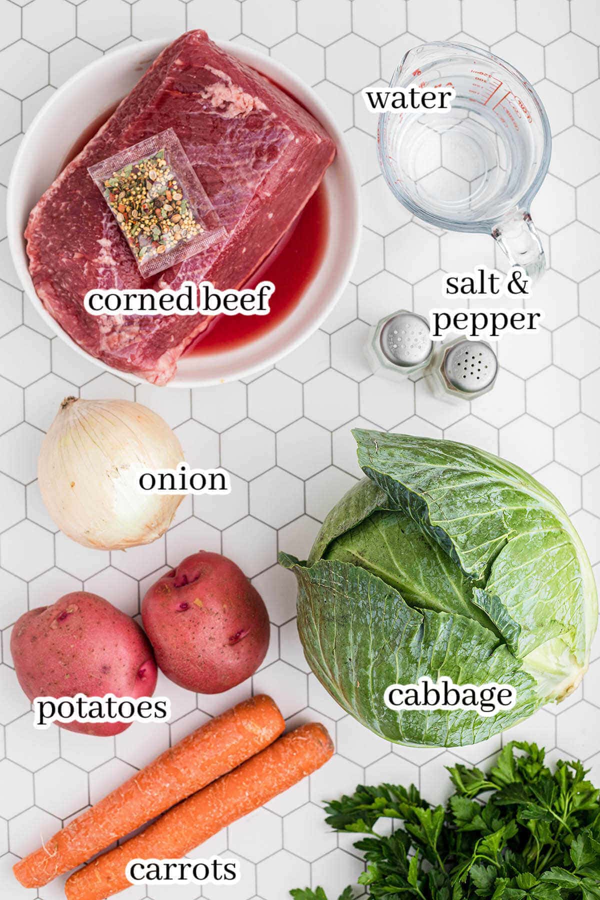 Ingredients for slow cooker recipe, with print overlay.