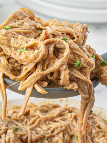 Crockpot pork tenderloin and gravy shredded and in large bowl with serving spoon.