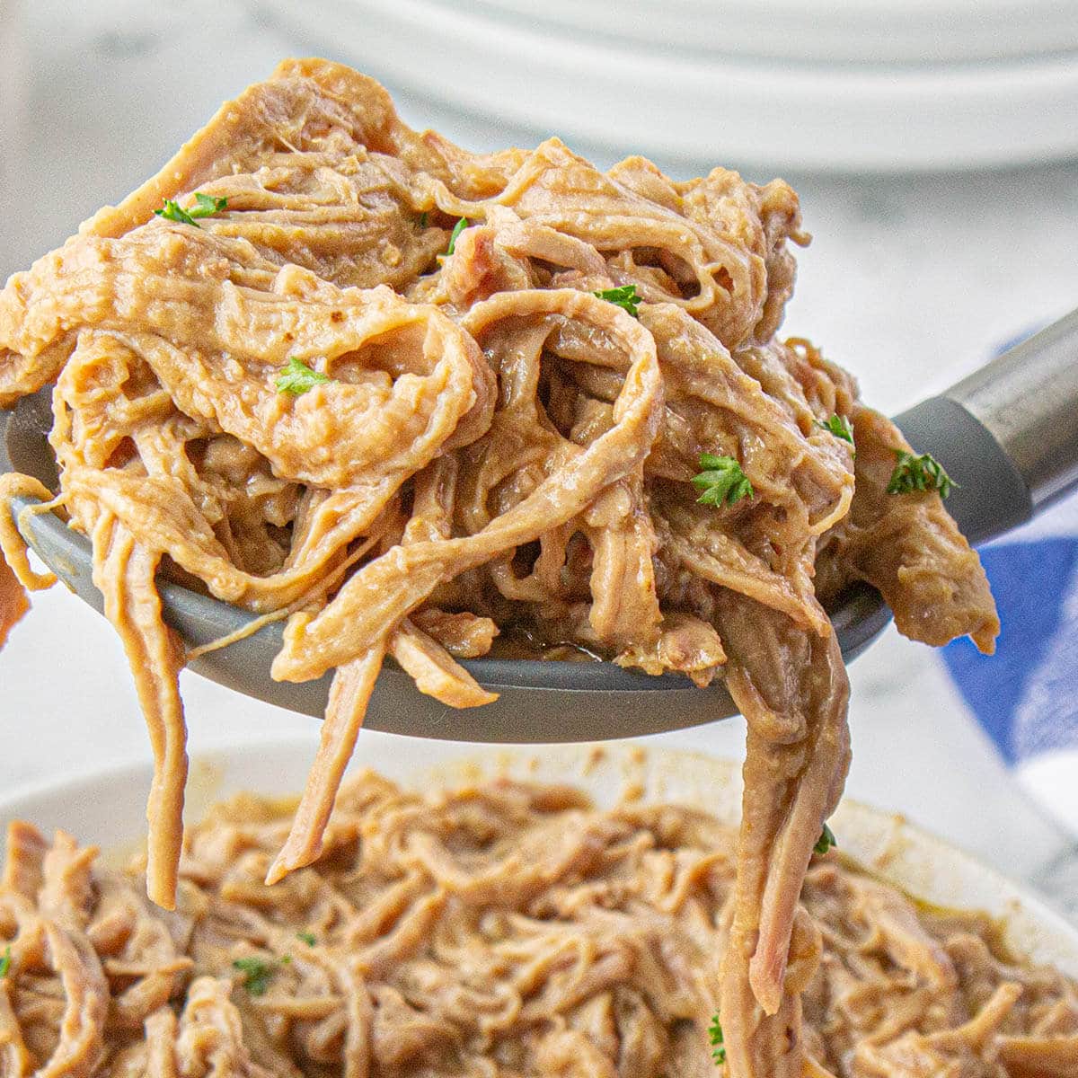 Crockpot pork tenderloin and gravy shredded and in large bowl with serving spoon.