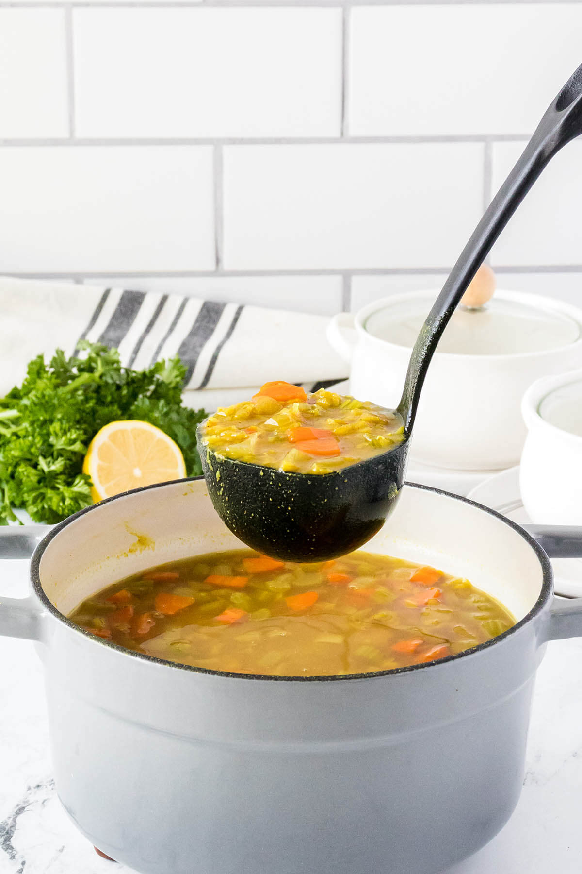 Soup in soup pot with ladle.