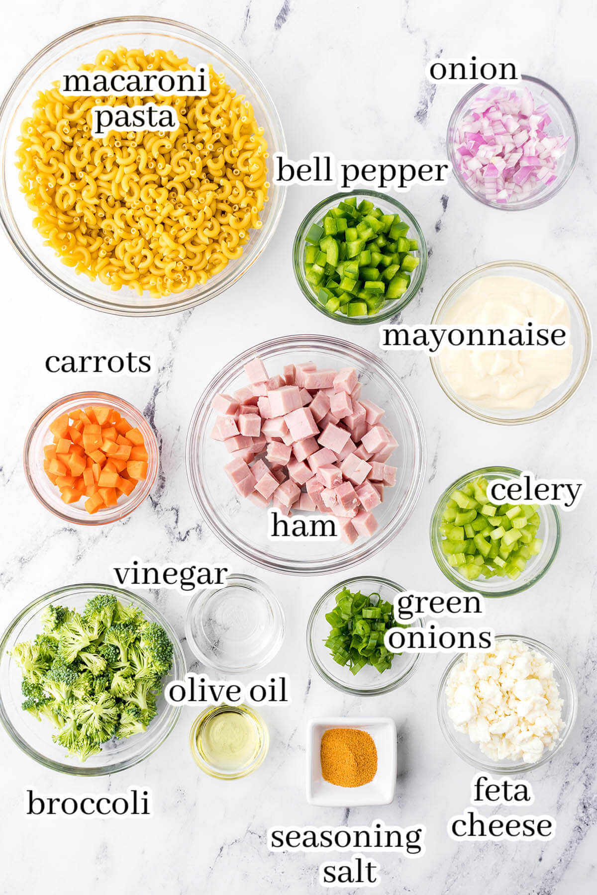 Ingredients to make pasta salad recipe, with print overlay.