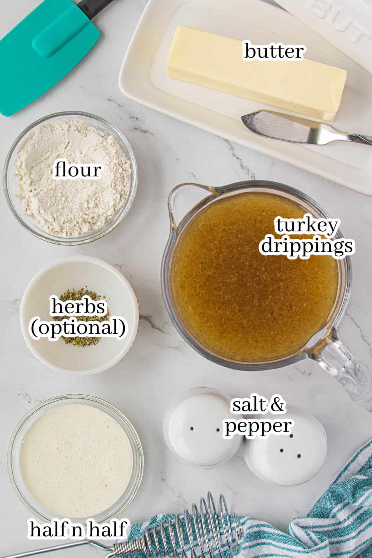 All of the ingredients to make the gravy. With print overlay for clarification.