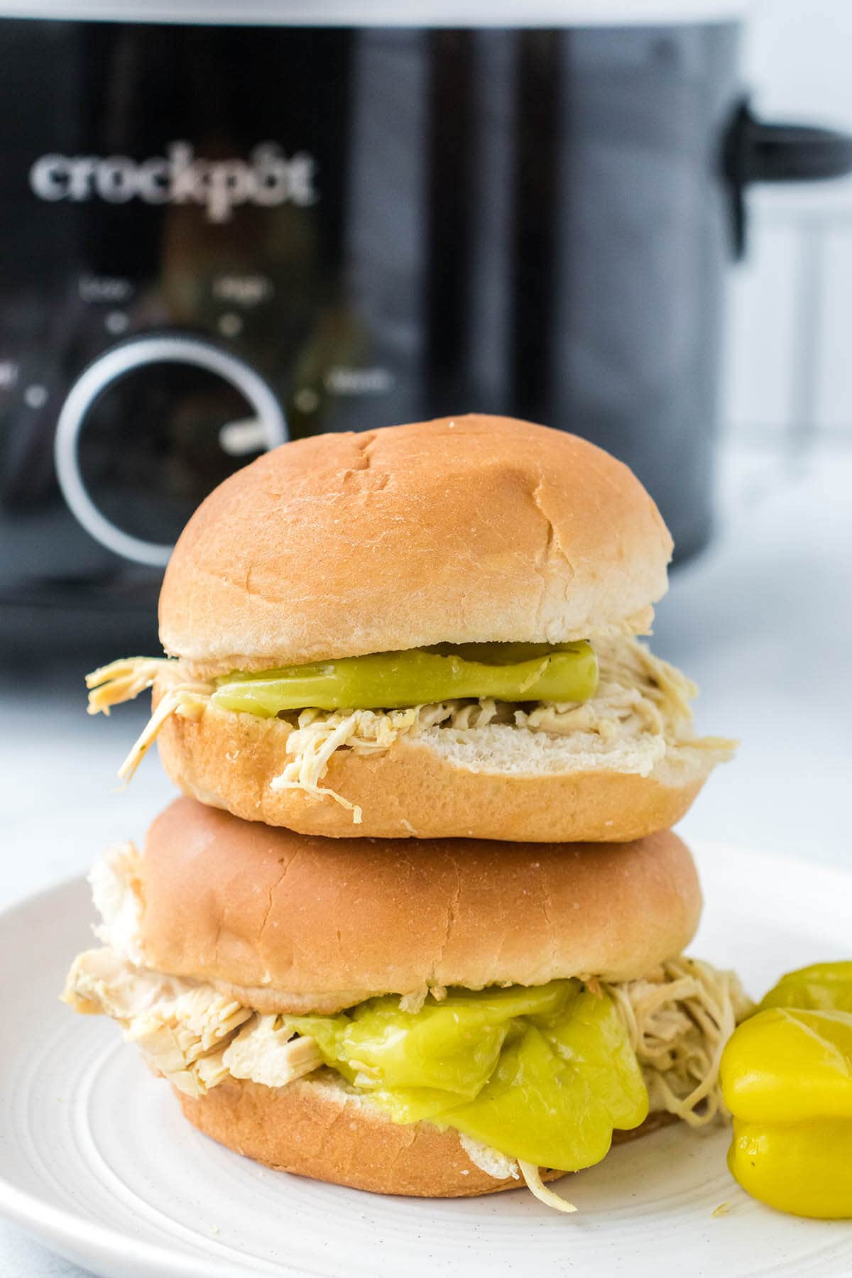 Crockpot Mississippi Chicken Sandwiches on a plate.