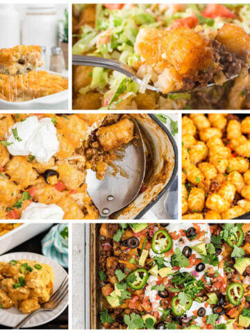 Tater tot casserole recipes in baking dishes, on a plate, and on a sheet pan.