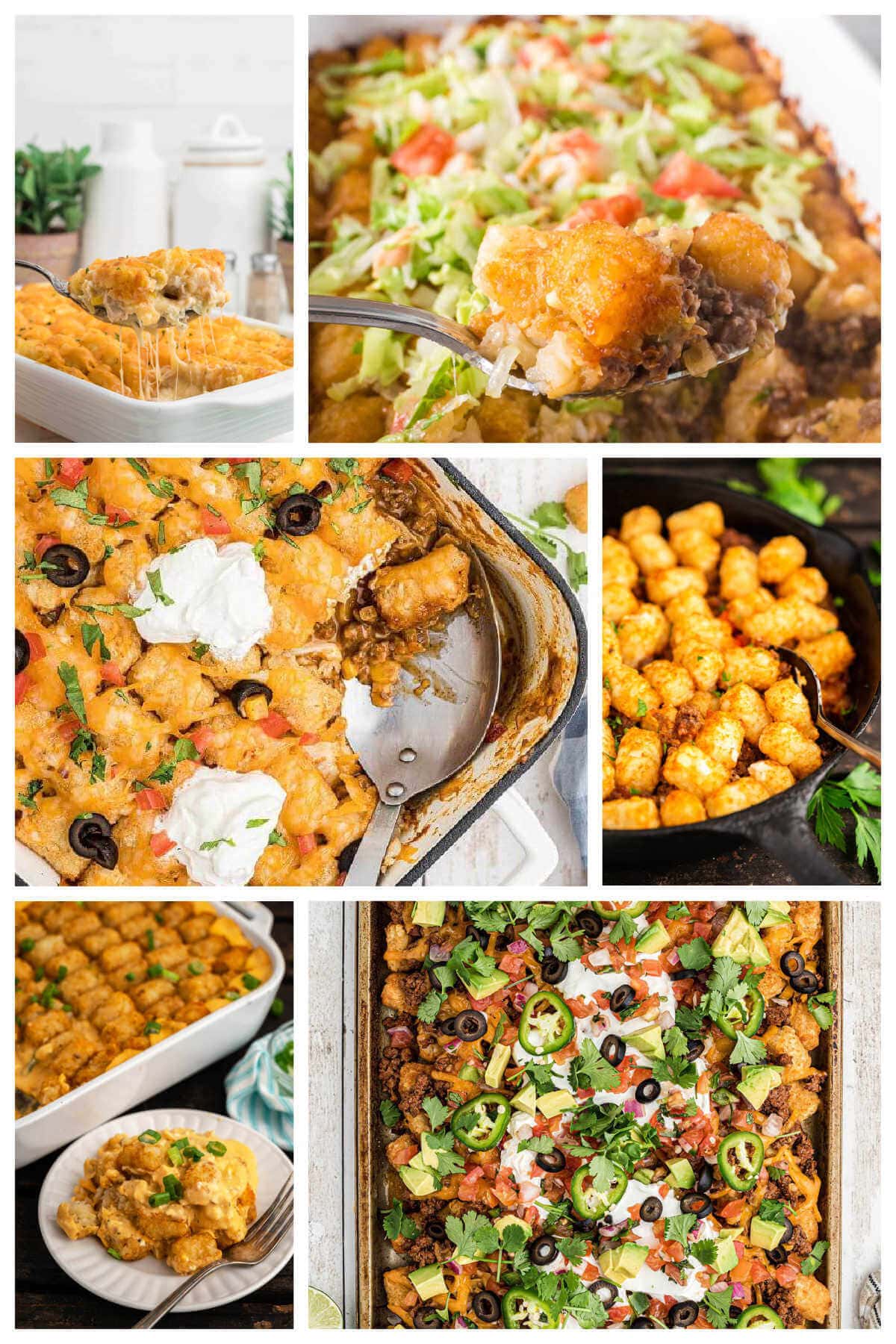 Tater tot casserole recipes in baking dishes, on a plate, and on a sheet pan.