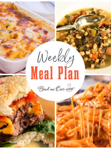 Collage of photos for free weekly meal plan 14 with print overlay for social media.