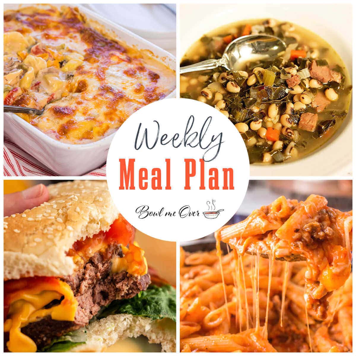 Collage of photos for free weekly meal plan 14 with print overlay for social media.