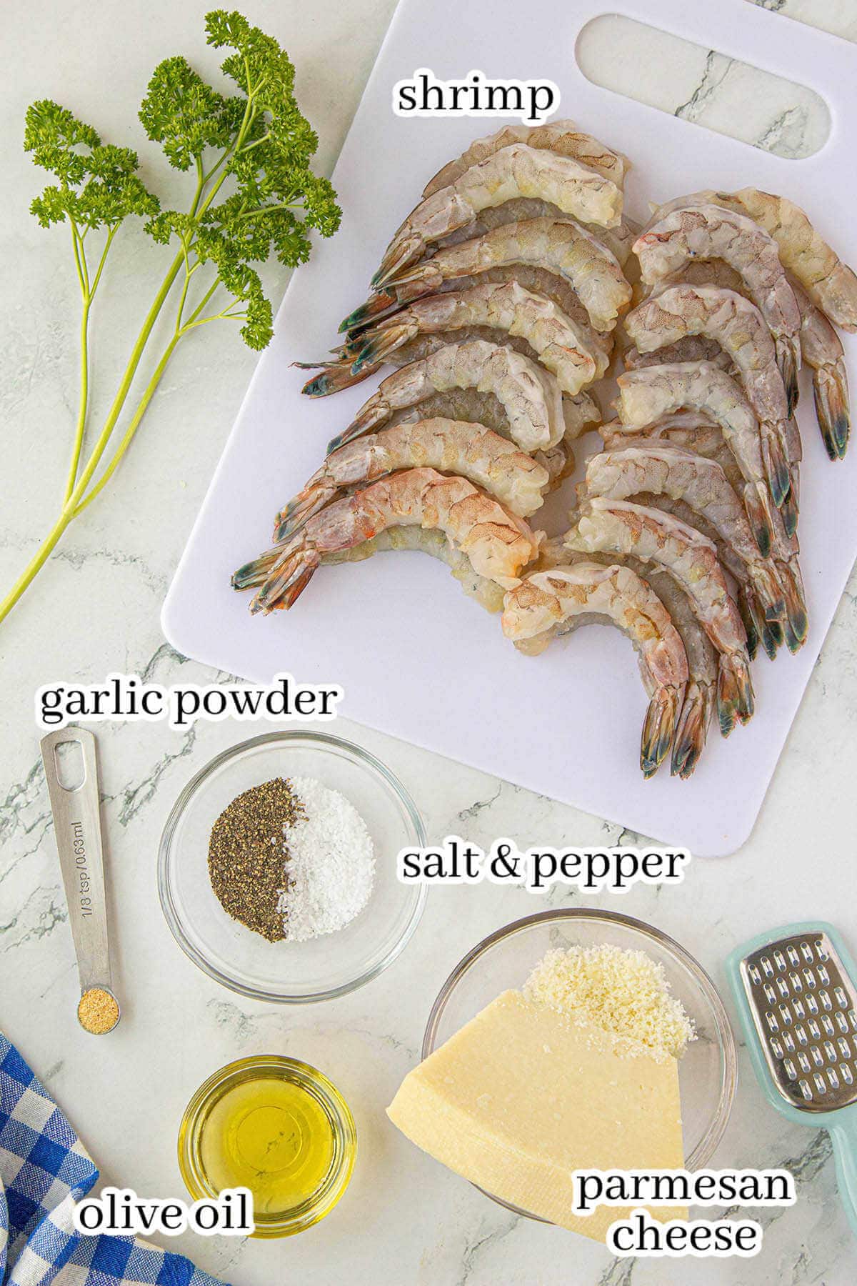 Ingredients to make shrimp recipe with print overlay.