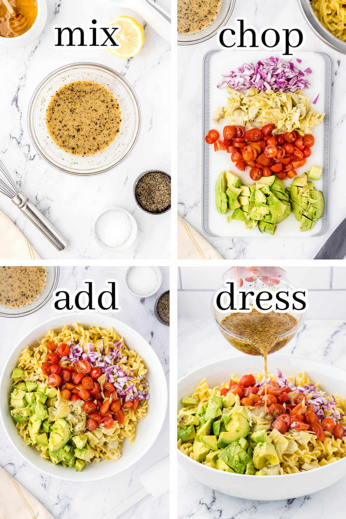 Step-by-step instructions to make pasta salad, with print overlay.