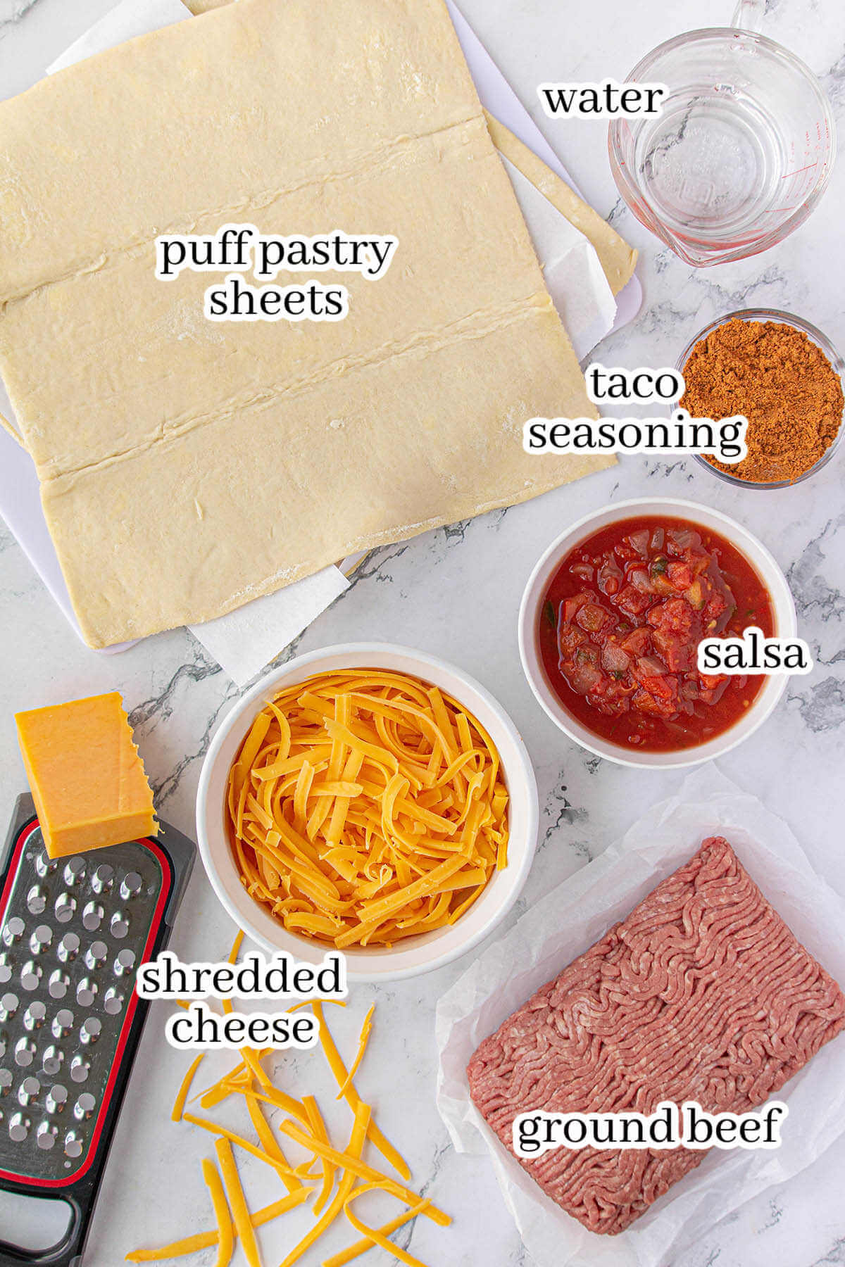 Ingredients to make puff pastry recipe, with print overlay.